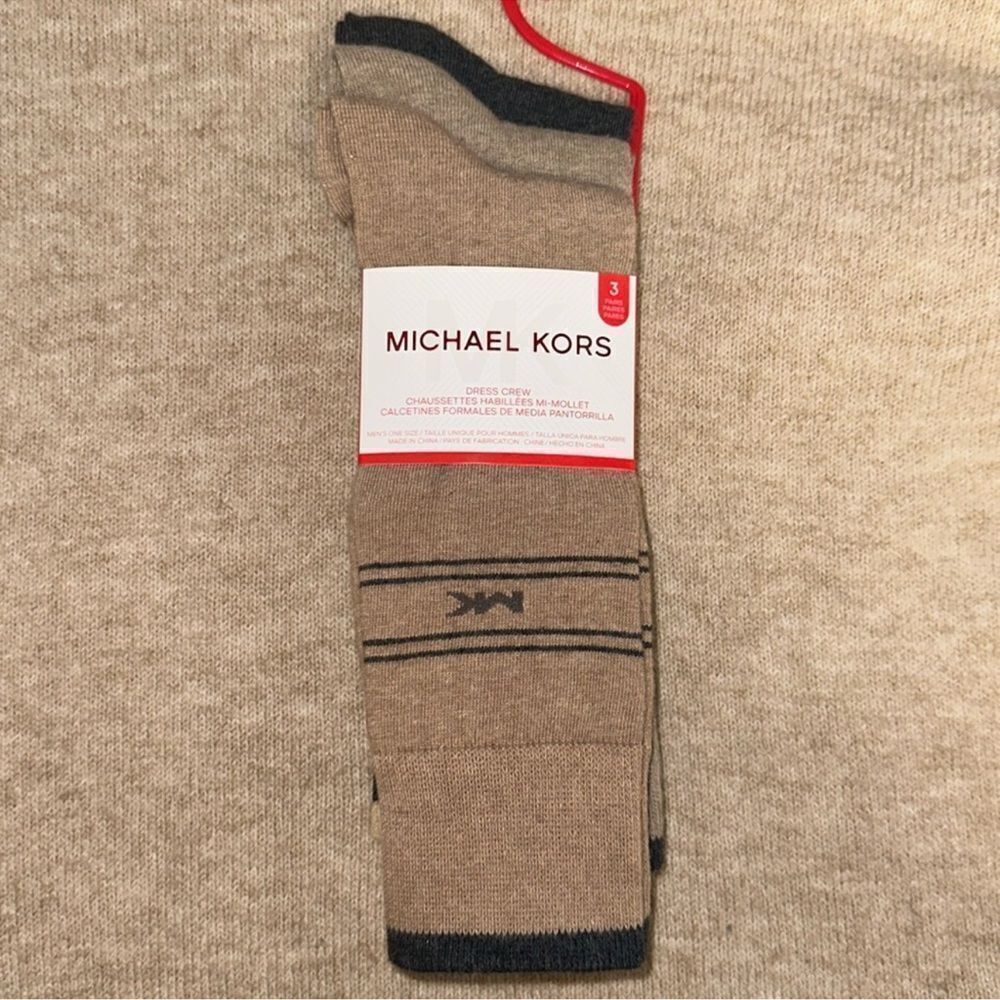 MK Men’s 3 pack Taupe Heather Gray Tan Ivory Cotton Blend Dress Crew Socks